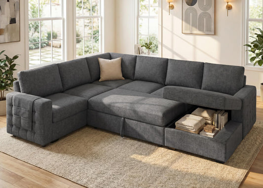 HONBAY Sectional Sleeper Sofa with Pull-Out Bed Storage Chaise, 6 Seaters Couch for Living Room, Light Grey