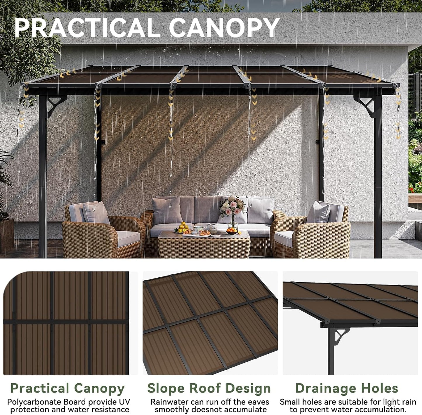 Aoxun 10' x 12' Gazebo for Patio, Gazebo Pergola with Sloped Roof, Large Wall-Mounted Heavy Duty Awnings, and LED Outdoor Waterproof Hanging Lights, for Backyard, Deck, Patio