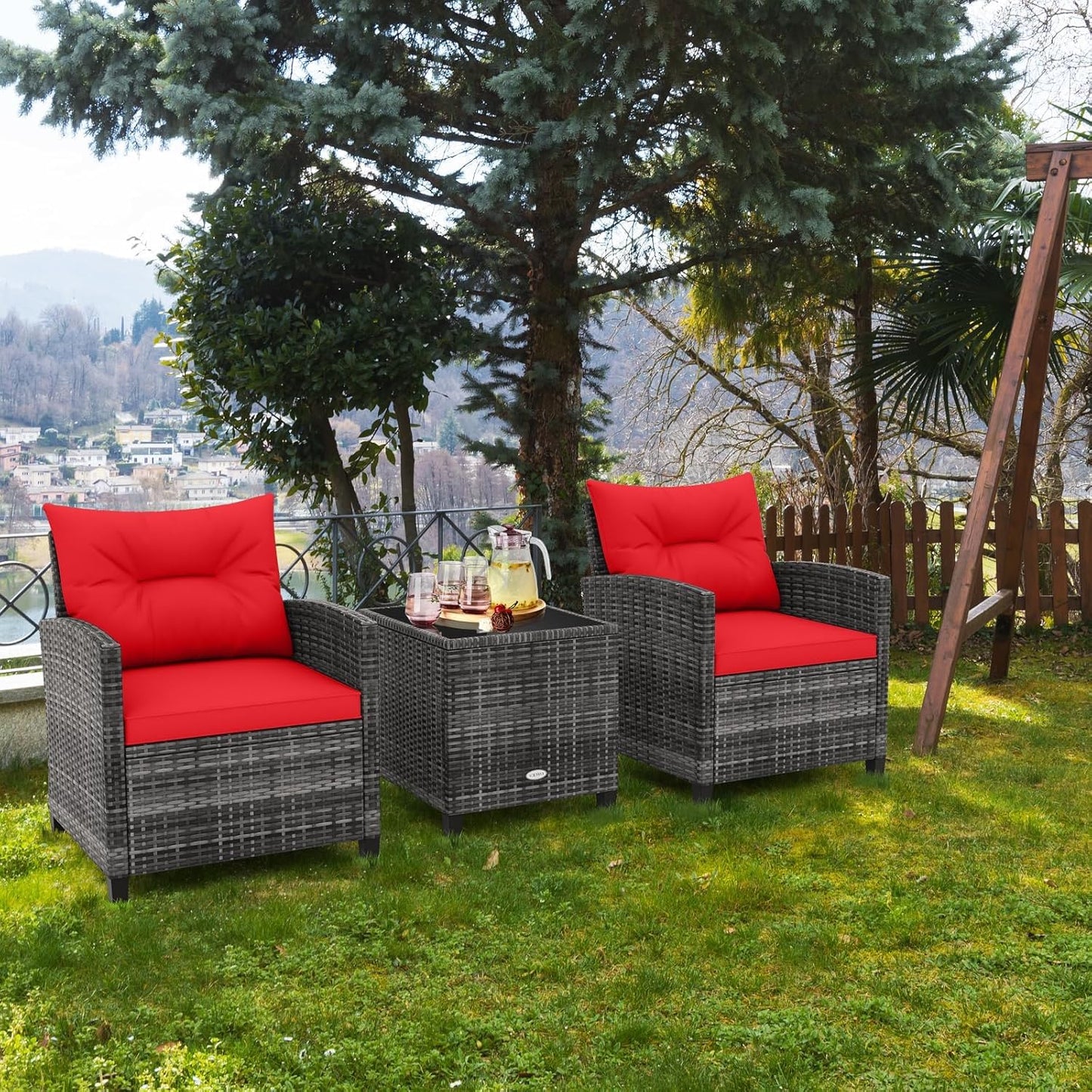 LDAILY Patio Furniture Set, 3 Pieces PE Rattan Wicker Patio Sofa Chairs with Washable Cushion & Glass Table, Outdoor Furniture Conversation Sets for Porch, Balcony, Garden, Poolside (Red)