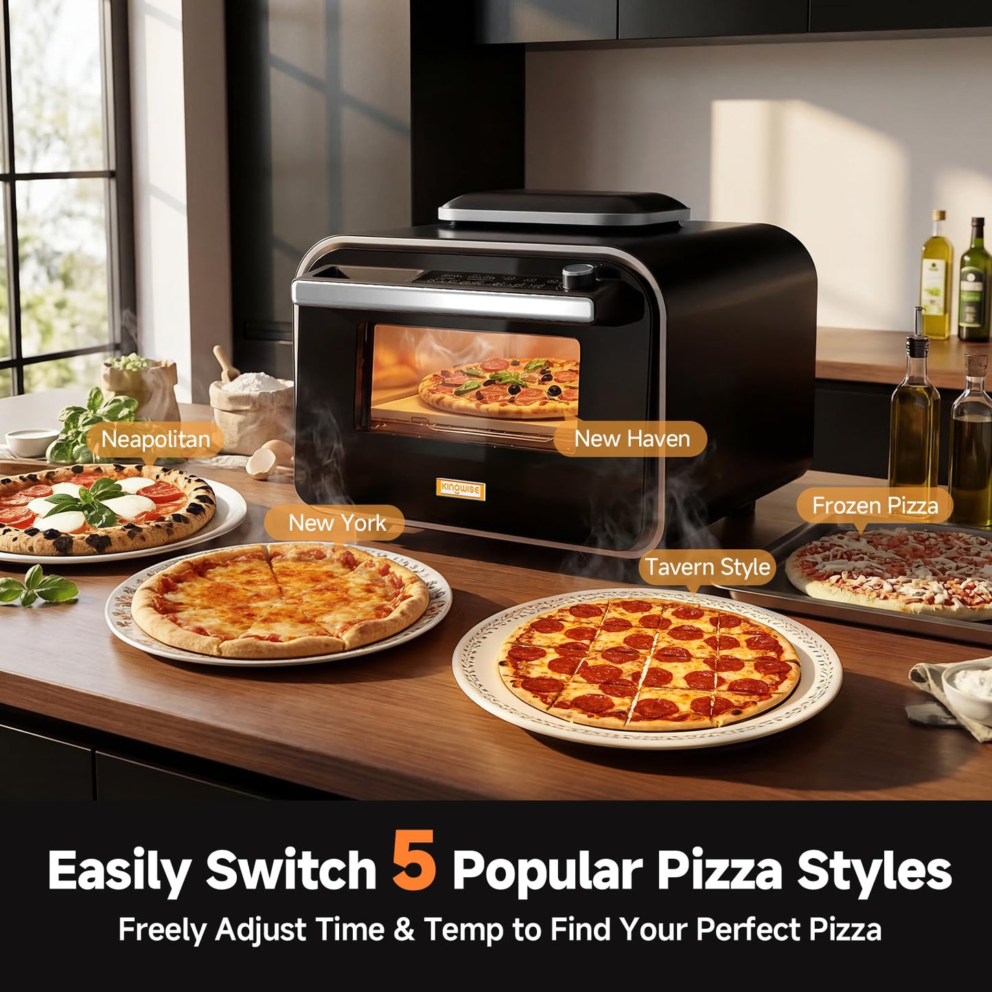 KINGWISE Convection Pizza Oven Electric, IPX4 Waterproof Countertop Air Fryer Oven, Fits 13-Inch Pizza, Heats up to 750℉, 6 Cooking Functions and 5 Pizza Presets, Pizza Stone & Pizza Peel Included