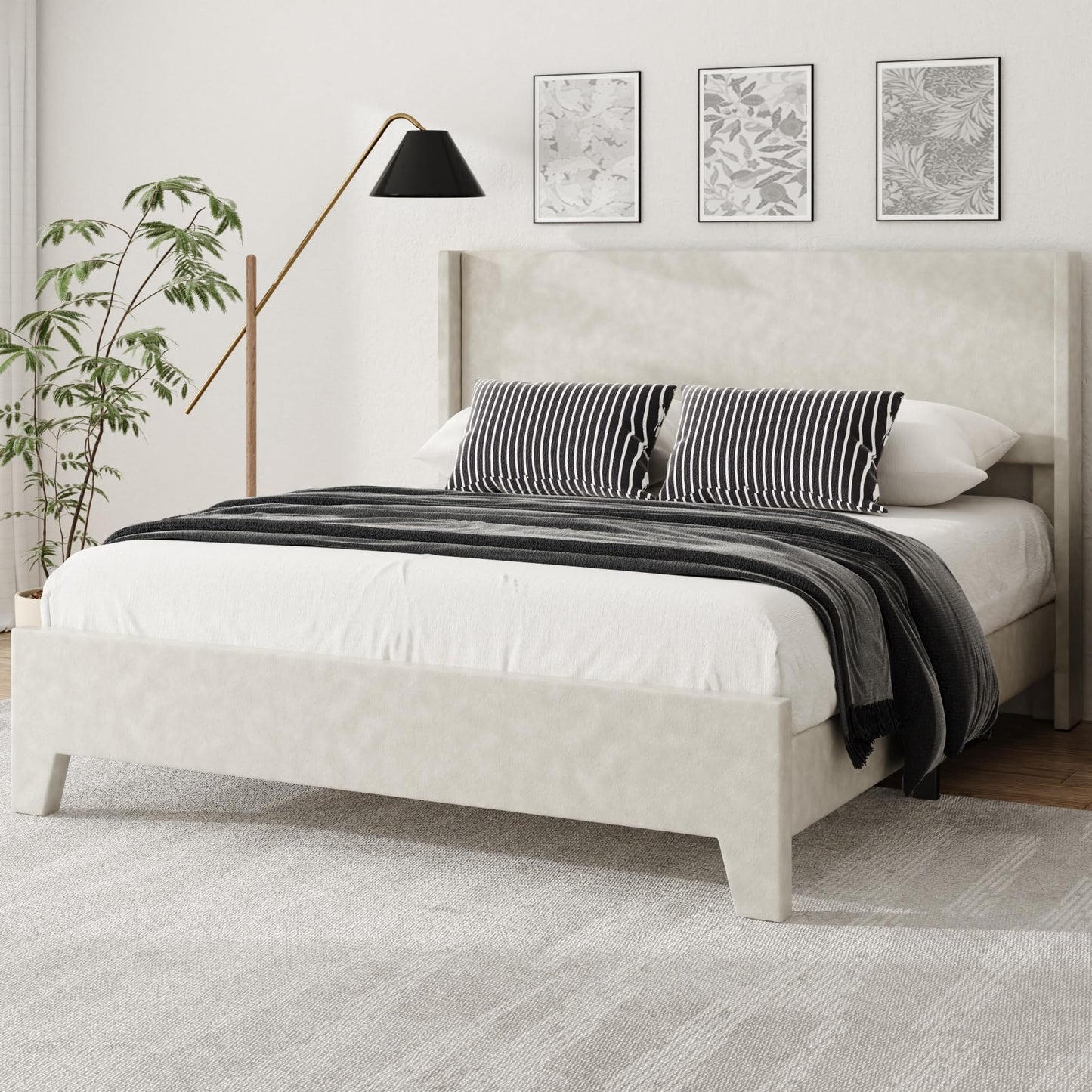viplov Queen Bed Frame with Faux Leather Upholstered Headboard, Wear-Resistant, Easy Clean, Mattress Foundation, No Box Spring Required, Easy Assembly, Beige