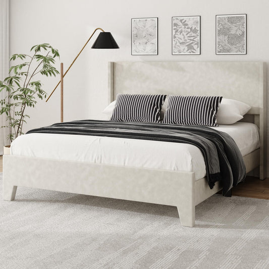 viplov Queen Bed Frame with Faux Leather Upholstered Headboard, Wear-Resistant, Easy Clean, Mattress Foundation, No Box Spring Required, Easy Assembly, Beige