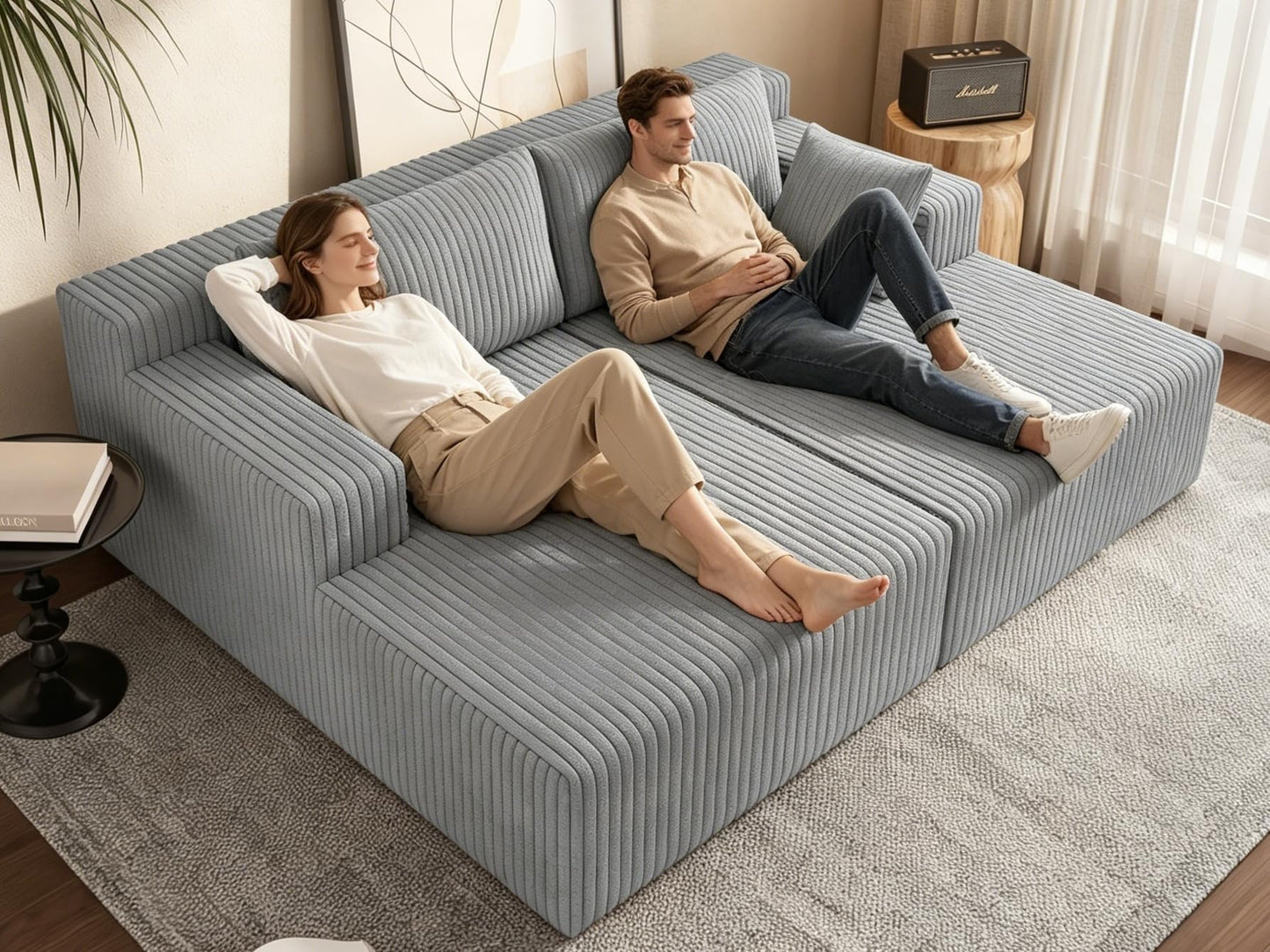 KEIKI 71" L Oversized Double Lounge Chaise Indoor, Corduroy Deep Seat Sectional Modular Couch Sleeper Loveseat Chair, Boneless Upholstered Reading Lazy Cloud Plush Sofa Bed for Living Room, Bedroom