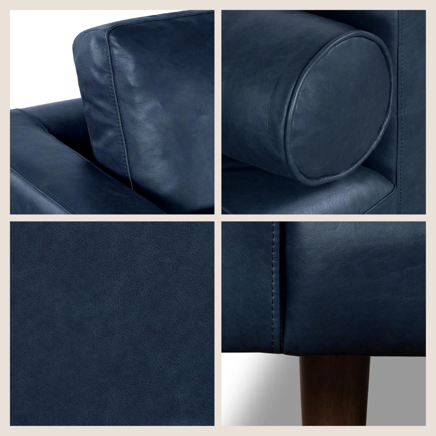 Poly & BARK Napa 88.5" Leather Sofa – Full-Grain Italian-Tanned Aniline Leather, Feather-Down Comfort, Solid Wood Frame, Walnut Legs, Midnight Blue