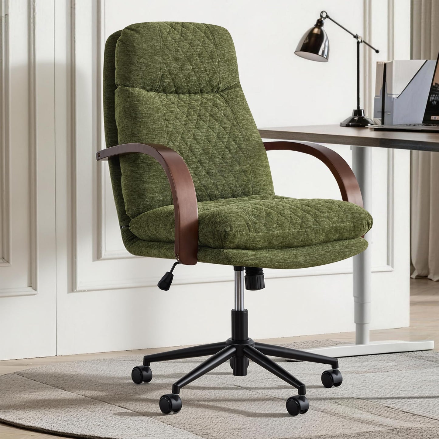 KISLOT Home Office Desk Chair, Ergonomic Office Chair with Lumbar Support, Adjustable Swivel Computer Chair with Wheels, Fabric Executive Task Chair with Wood Arms, Moss Green
