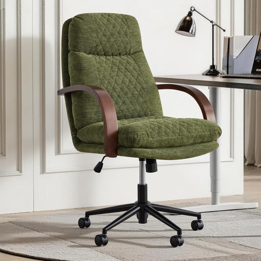KISLOT Home Office Desk Chair, Ergonomic Office Chair with Lumbar Support, Adjustable Swivel Computer Chair with Wheels, Fabric Executive Task Chair with Wood Arms, Moss Green