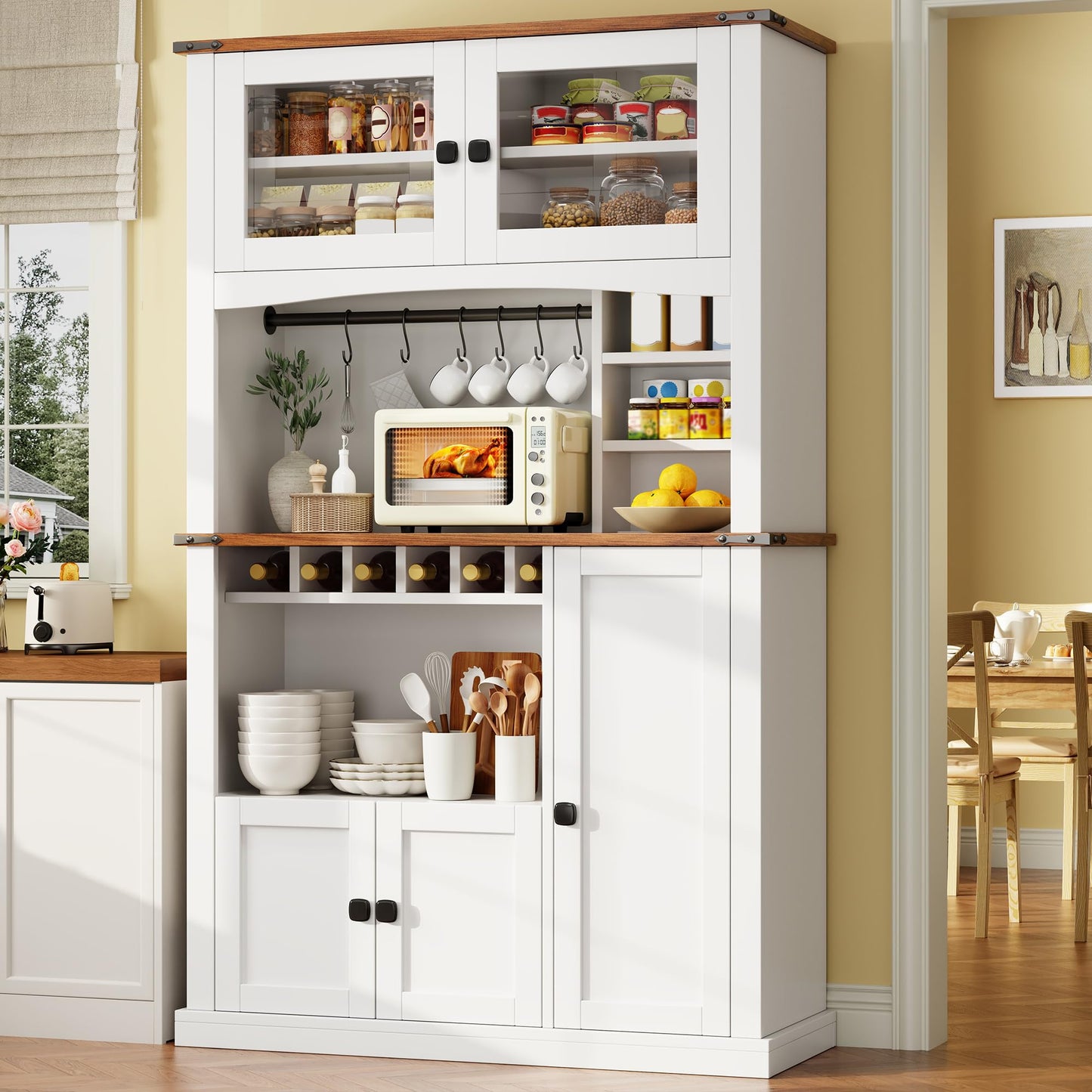 Einhomn 71" Tall Kitchen Pantry Cabinet with Charge Station, 3 Adjustable Shelves, Wine Rack and Glass Door, Kitchen Hutch for Dining Room, Kitchen and Living Room, White