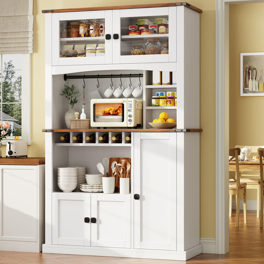 Einhomn 71" Tall Kitchen Pantry Cabinet with Charge Station, 3 Adjustable Shelves, Wine Rack and Glass Door, Kitchen Hutch for Dining Room, Kitchen and Living Room, White
