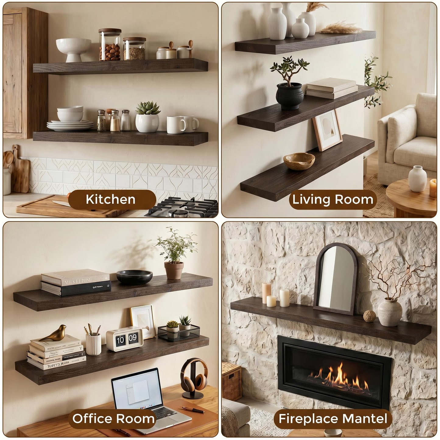 Dreamland 72 Inch Floating Shelves for Wall, Solid Elm Wood Wall Shelves for Living Room, Bedroom, Kitchen, Bathroom, Wall Mounted Long Floating Shelf Set of 1, Walnut Color