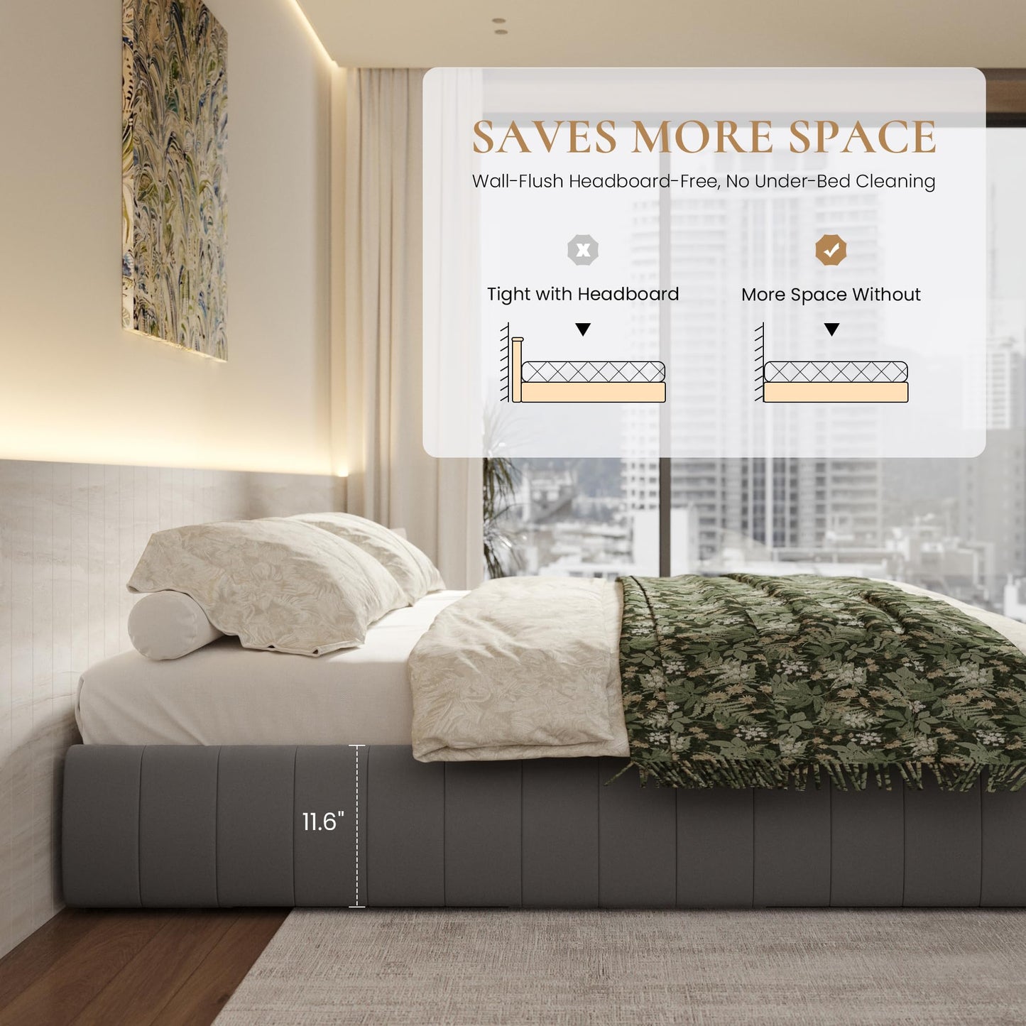 SHA CERLIN King Size Velvet Upholstered Platform Bed Frame with 4 Storage Drawers, Vertical Channel Tufted, Low Profile, Fits Standard Headboards, Wooden Slats Support, Easy Assembly, Grey
