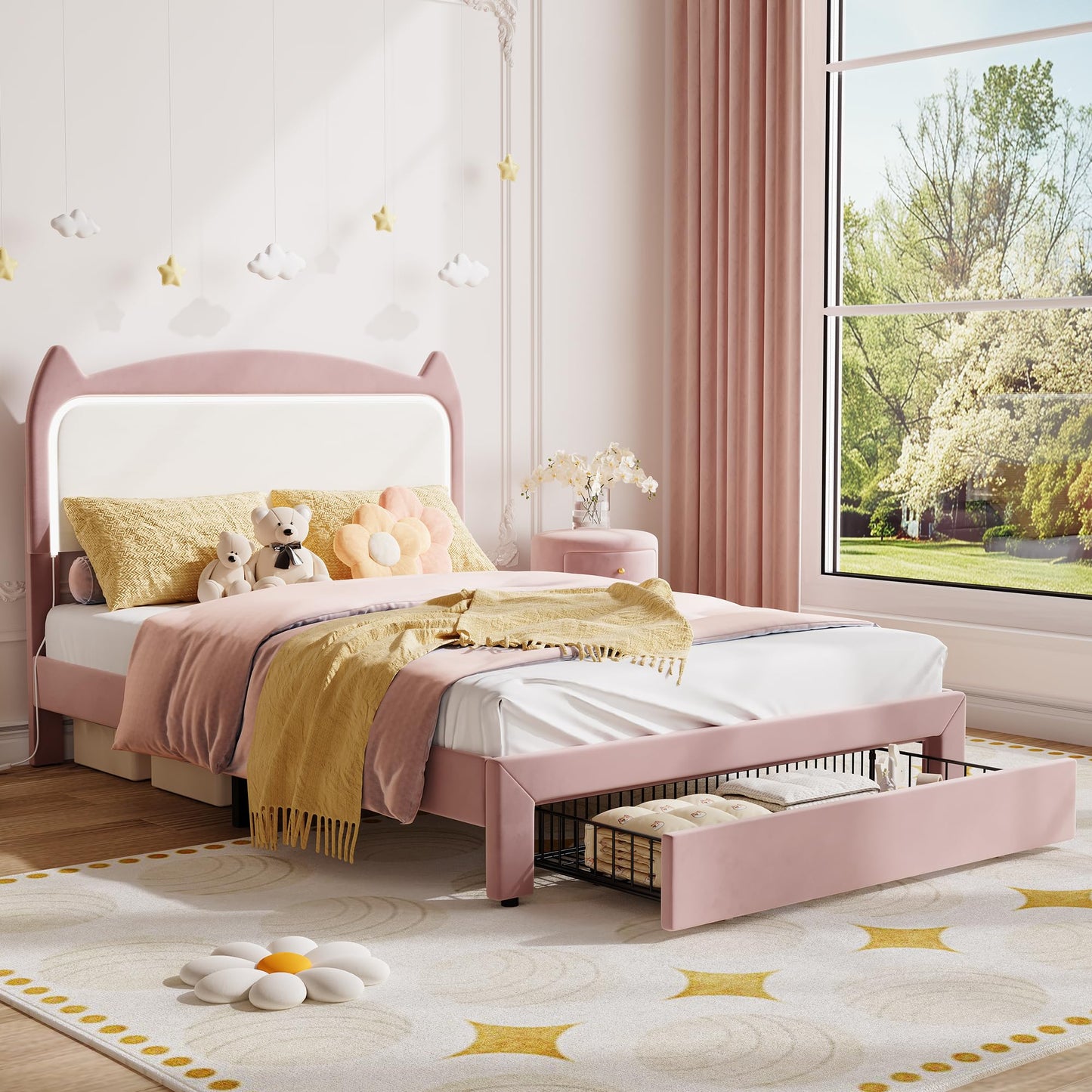 Full Size Princess Bed Frame with LED Lights & Storage Drawer - Pink Velvet Upholstered Cat Headboard Platform Bed for Kid- Sturdy Wood Slats, No Box Spring Needed, App & Remote Control,Pink & White