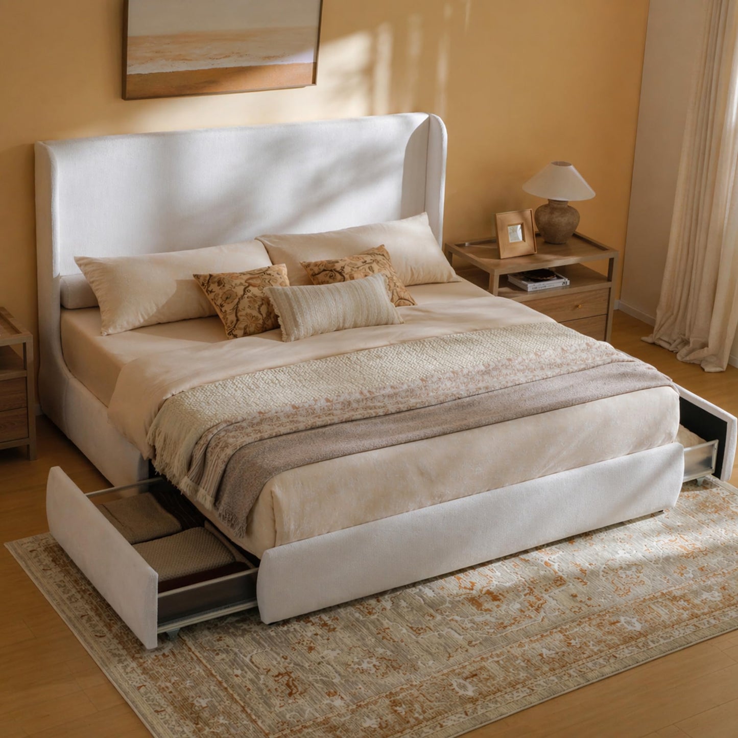 RECCI King Upholstered Wingback Bed Frame with Storage Drawers, 52” Tall Cushioned Headboard, Soft Edges, Low Profile Platform Bed, Sturdy Wood Slats, No Box Spring Needed, Ivory White Canvas