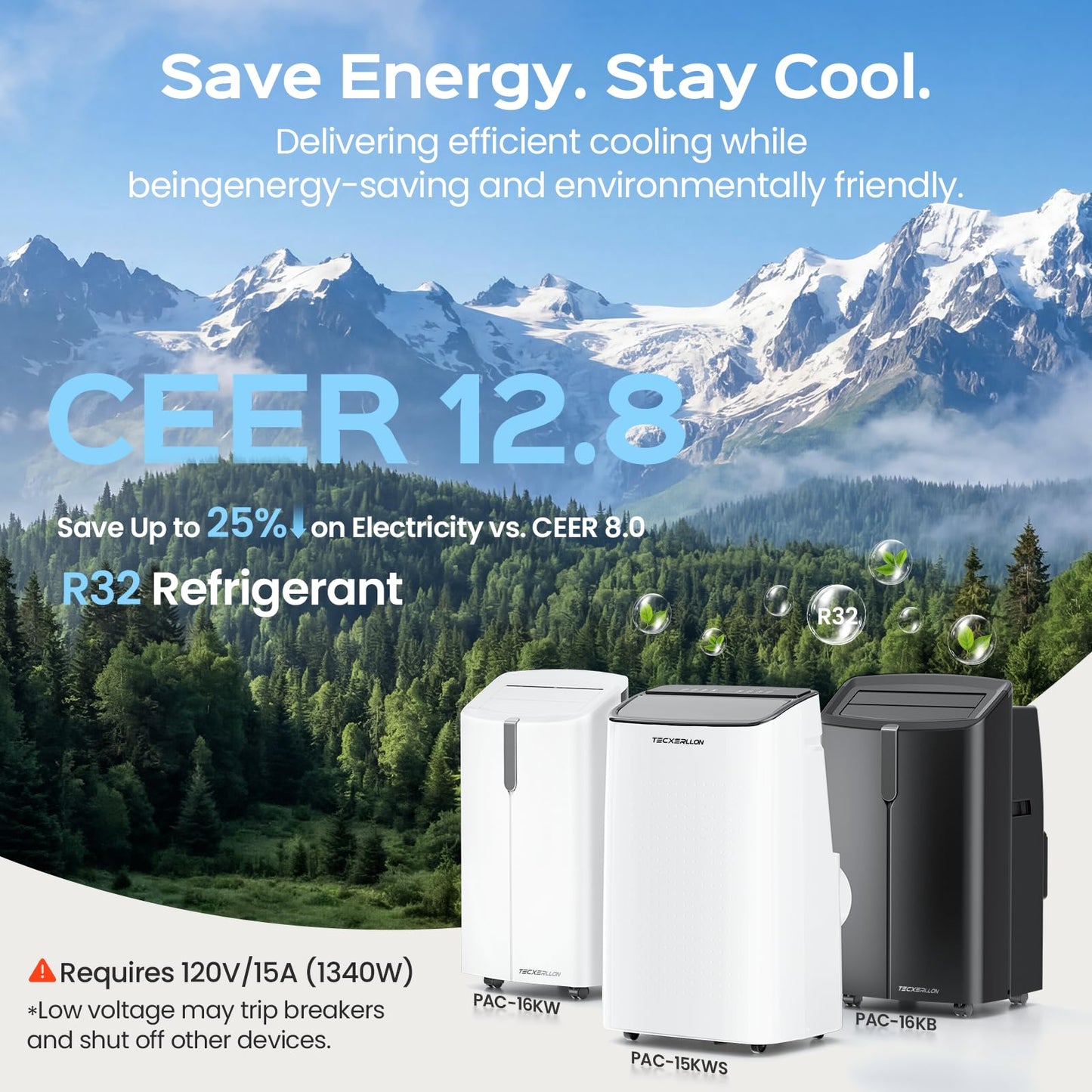 TECXERLLON 15,000 BTU Portable Air Conditioner, Cools up to 800 Sq. Ft., 4-in-1 Smart Portable AC with Dehumidifier, Fan, Sleep Mode, Self-Evaporating, Remote & Window Kit