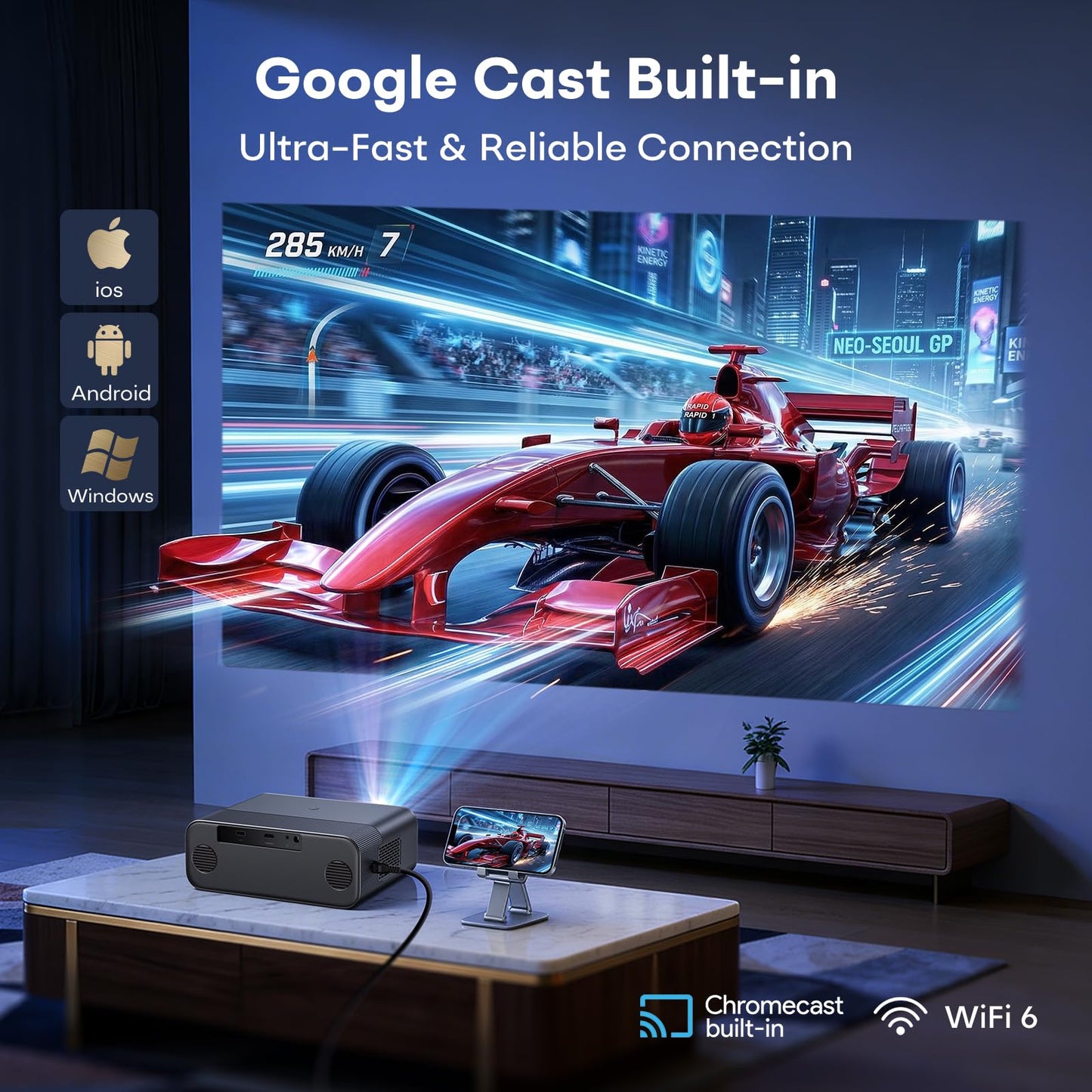 Google TV 4K Projector – Portable Smart Projector with WiFi and Bluetooth, Outdoor Movie Projecteur with Dual 10W Speaker, Autofocus & 6D Keystone, 1500 Lumens, HDR, Home Theater Proyector,Boldever H1