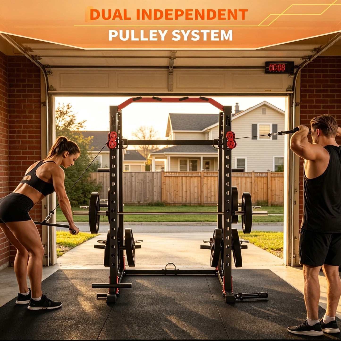 Smith Machine All-in-1 Home Gym, 2000 LBS Capacity Power Cage with Dual Independent Pulley System, 360° Landmine, Pull-Up Bar & Weight Storage – Heavy Duty Full Body Workout Station for Home & Garage