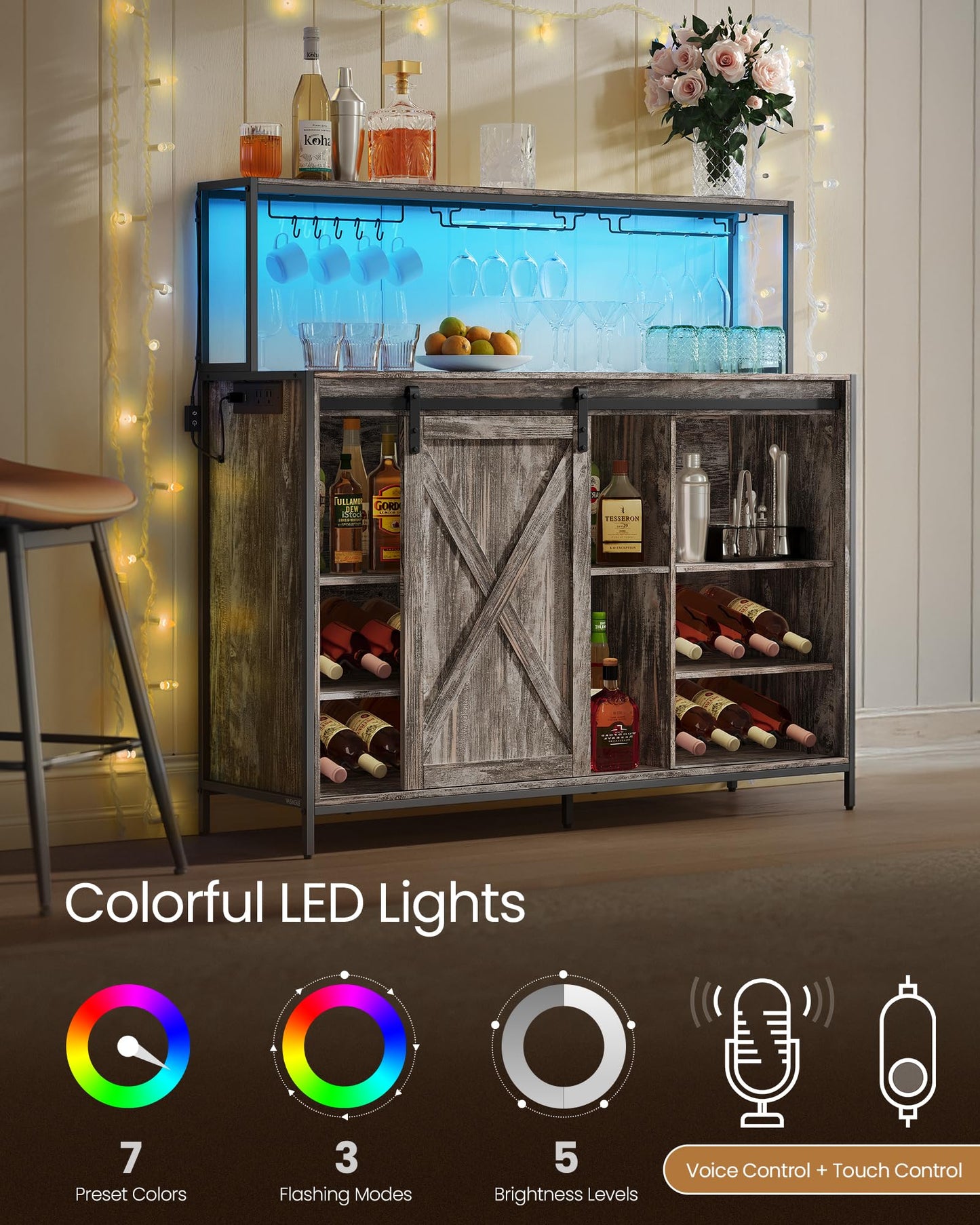 VASAGLE Coffee Bar Cabinet with Power Outlet and Voice Control LED Light, Buffet Cabinet with Sliding Barn Doors, S Hooks, Wine Glass Racks, Bottle Holders, Maple Gray ULSC201G01
