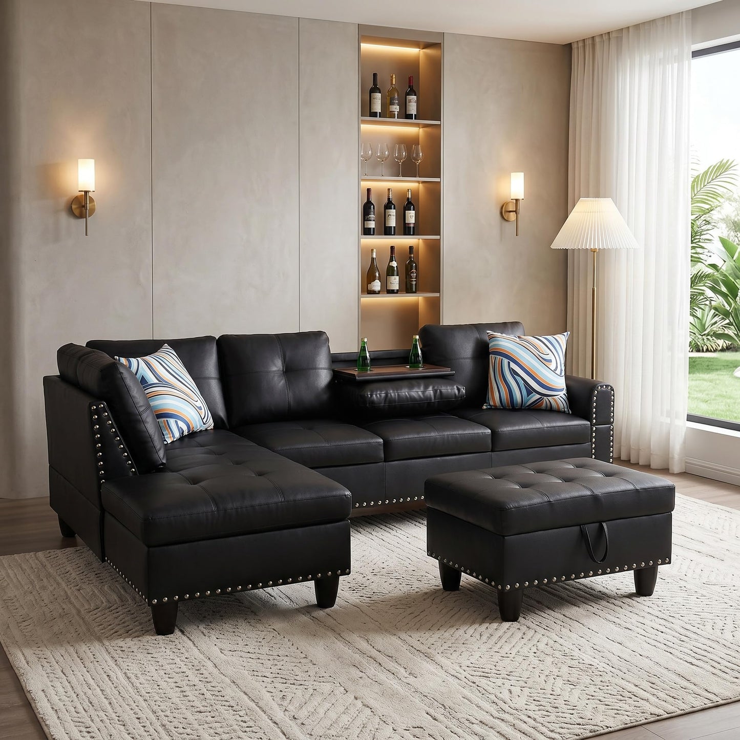 Topcomfy Leather L Shaped Sectional Couches for Living Room - 97.5“ x 69.5" Modular Sectional Sofa with Storage Ottoman, 4 Seat Home Sofa Living Room Furniture Sets with Chaise for Apartment, Black