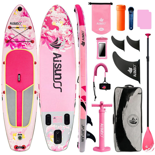 AISUNSS 10.6’ Inflatable Stand Up Paddle Board, 33’’ Wide Stance Paddle Boards with Premium Paddleboard Accessories, Double Action Pump, Removable Fin for Youth & Adults (Flowers Pink)