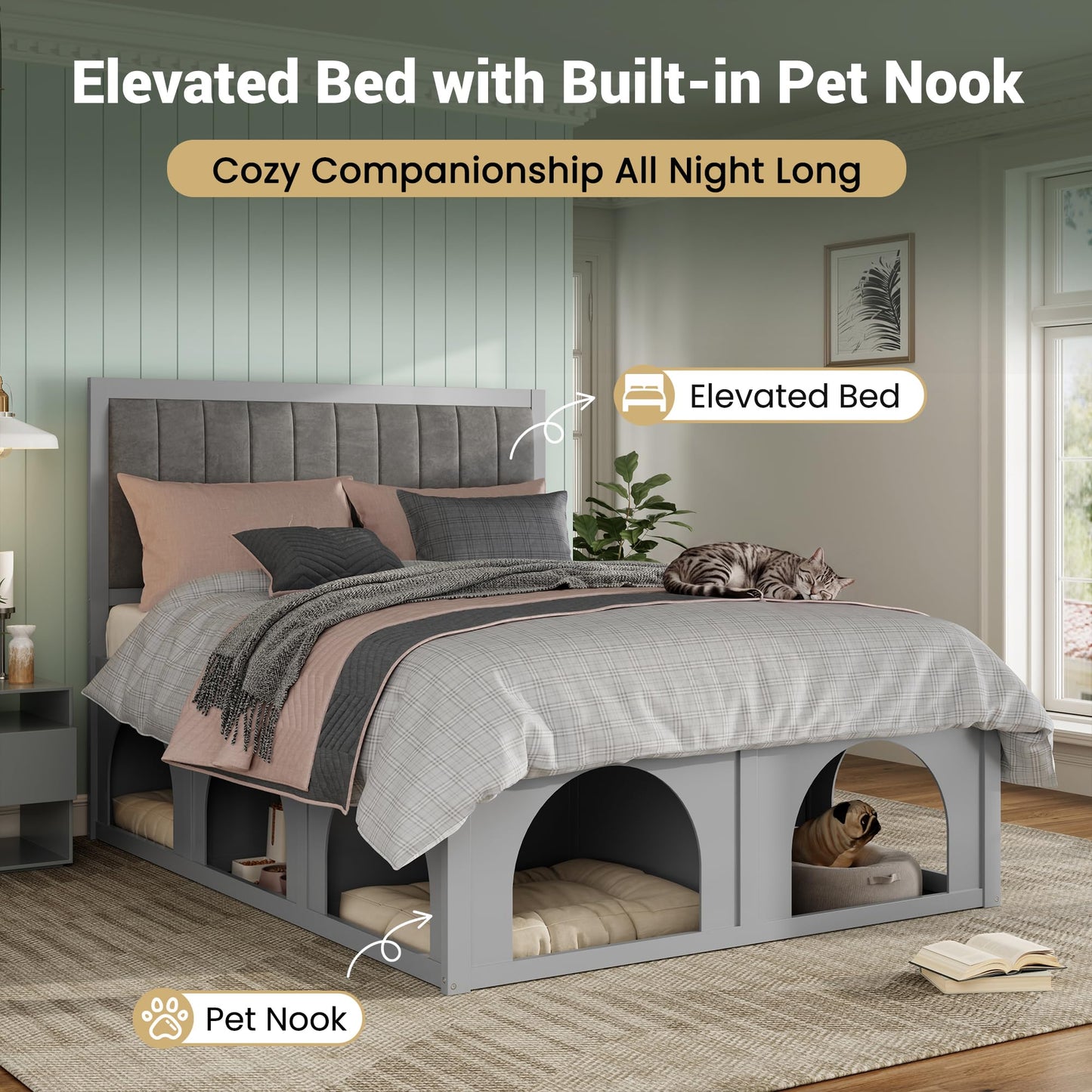 Merax Queen Platform Bed – Heavy Duty Metal Bed Frame with Pet-Friendly Under-Bed Nook, Space-Saving Storage, Upholstered Headboard, Wood Slats Support & Elevated Modern Design, Light Grey