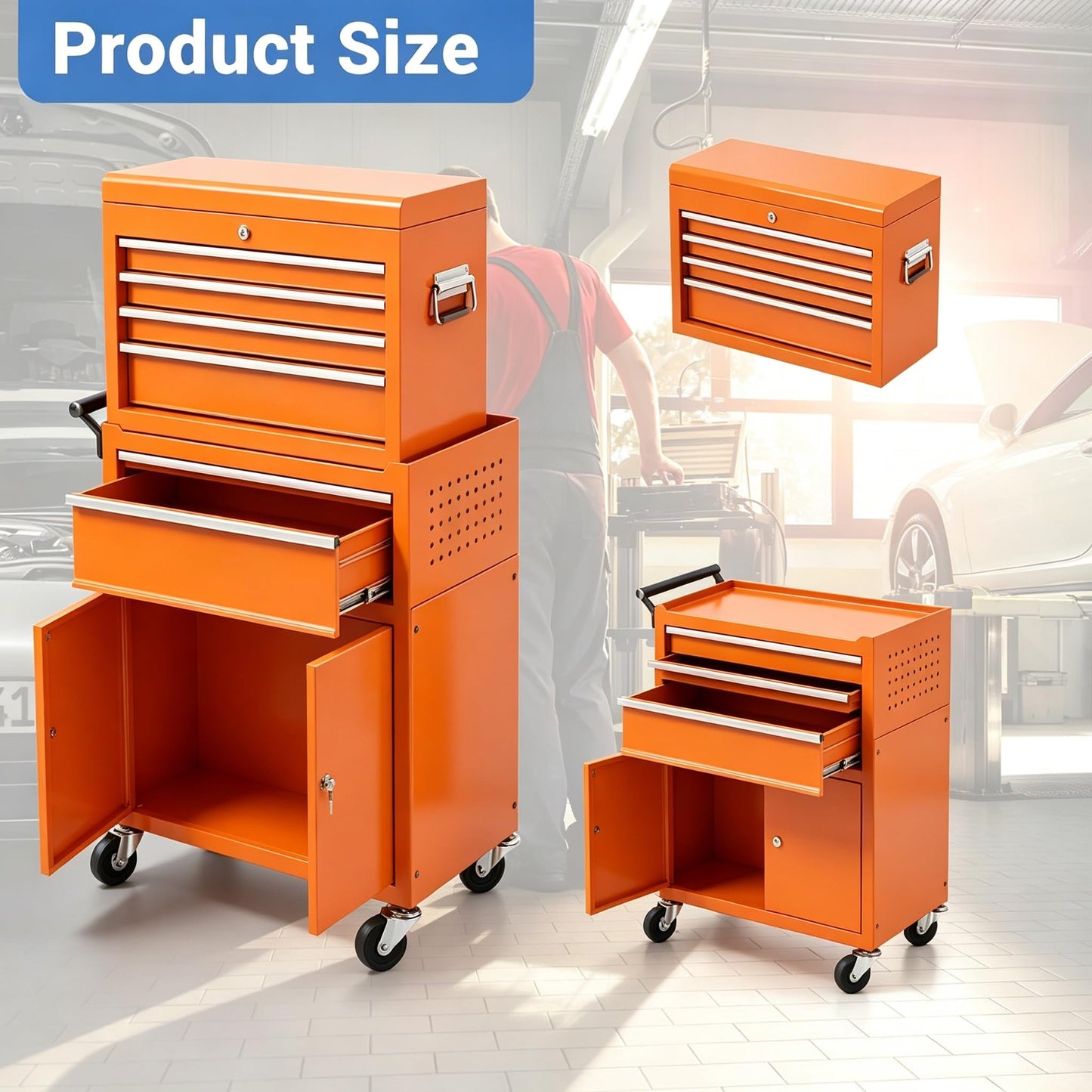 SierraSquad Heavy Duty 5-Drawer Rolling Tool Chest, 2-in-1 Detachable Top Tool Box, Locking Steel Storage Cabinet Cart on Wheels, Orange