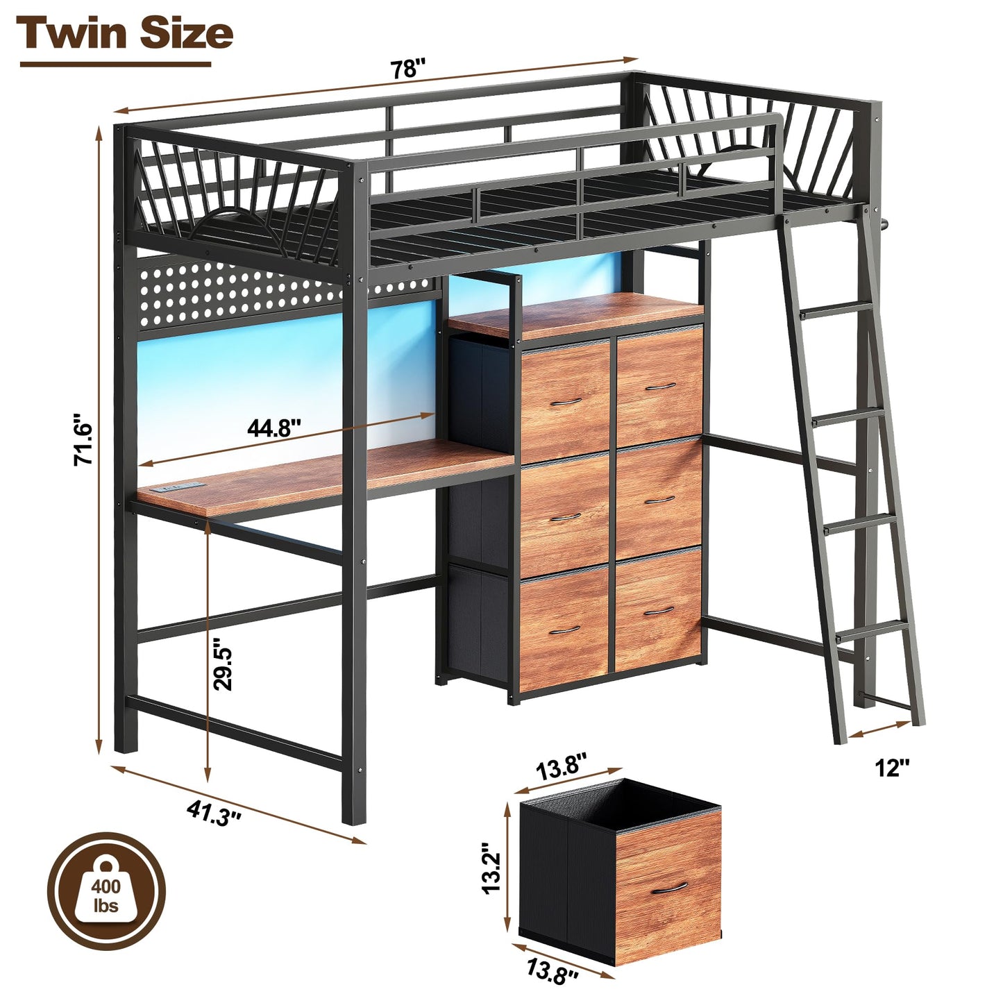Decofy Twin Loft Bed with Desk and 6 Storage Drawers, Metal Twin Size Loft Beds with Charging Station, RGB LED Lights, and Pegboard & Hanging Rod for Kids, Teenager (Black)