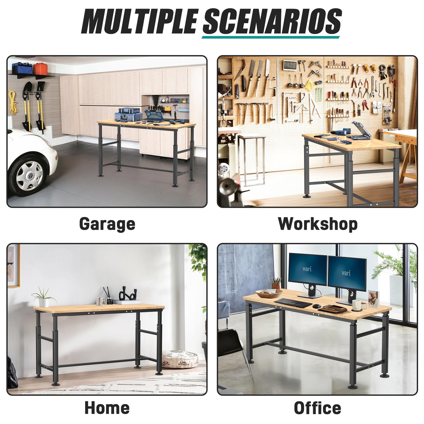 EVERHANGER Workbench for Garage, Adjustable Height Work Table, Heavy Duty Rubber Wood Top Workstation for Workshop (Extra-Large - 60")