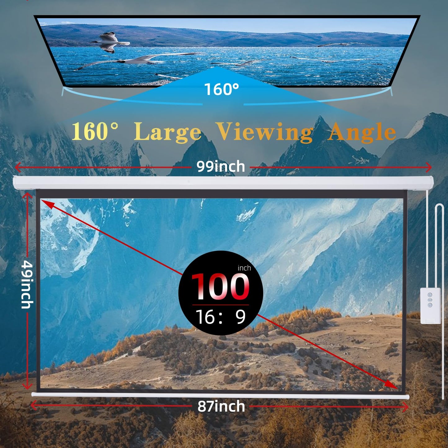 Motorized Projector Screen Pull Down 100 Inch 16:9 HD Automatic Projector Screen with Remote, Electric Retractable Projection Screen Portable, Roll Up Movie Screens for Projectors Outdoor Indoor White