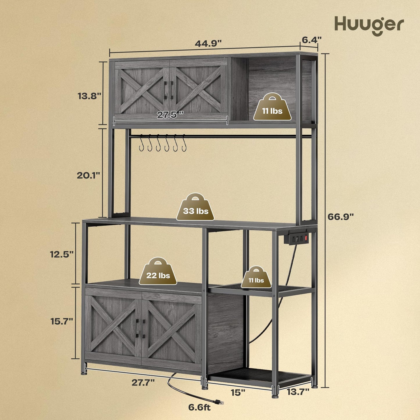 Huuger Large Bakers Rack with Power Outlet, Kitchen Microwave Stand with Cabinets, Coffee Bar Table Station with Storage, 6 S-Shaped Hooks, Mesh Shelves, 45 Inch Wooden Top, Grey