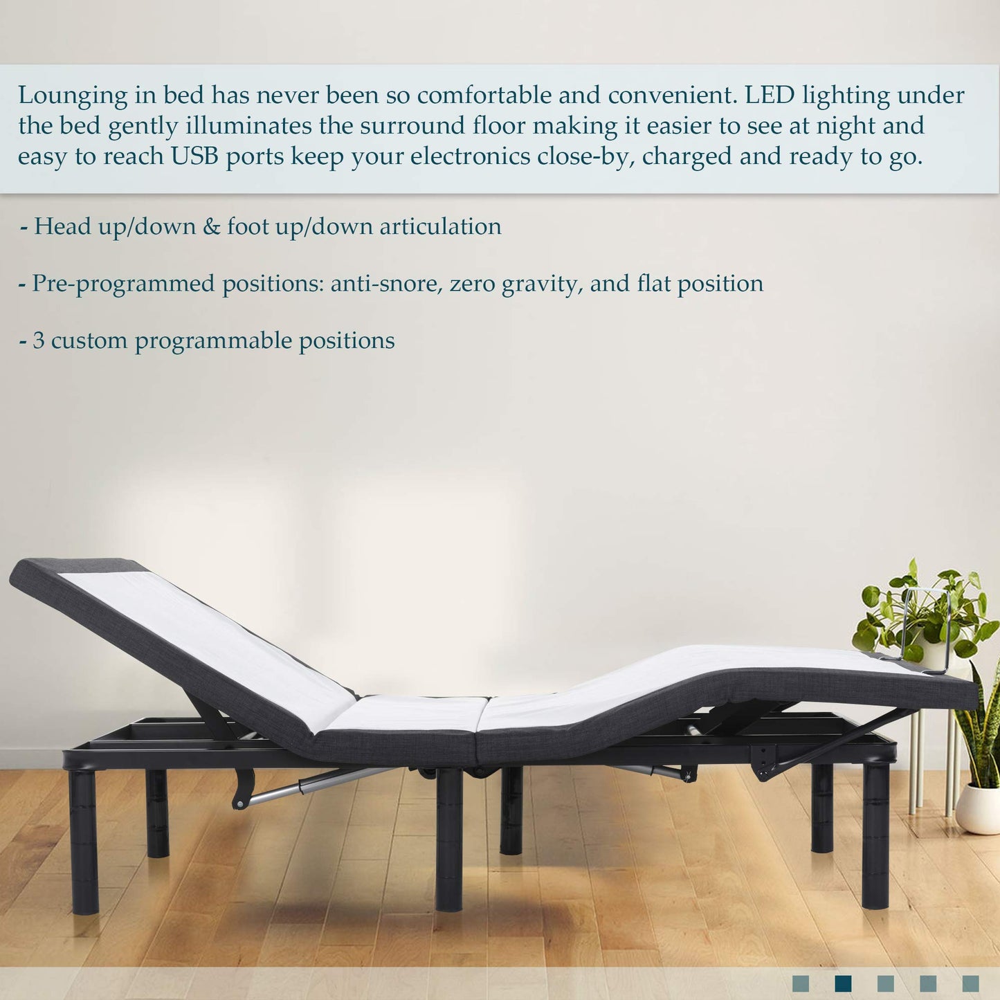 Nutan, 15" Split Adjustable Bed Frame Base with Mattress 3 Programmable Positions, Head and Foot Incline, Massage System, and LED Ambient Lighting, Made for All Types of Mattresses, California King