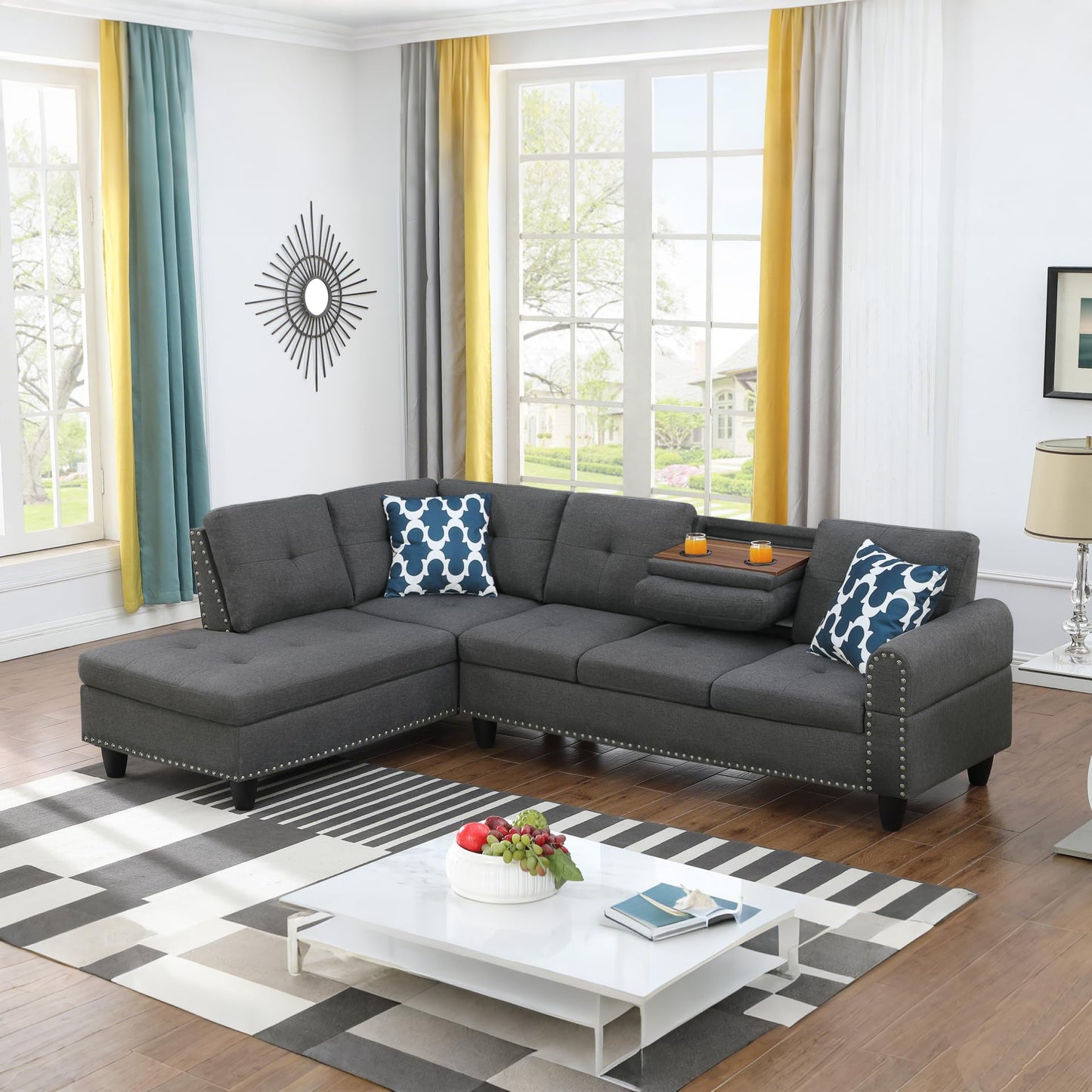 Ball & Cast 98" L Shaped Sectional Couch with Chaise, Linen Upholstered Modular Sectional Sofa with Pillows and Cup Holders,5 Seater Comfy Sofa,Nailhead trim Design,for Living Room,Apartment,Dark Gray