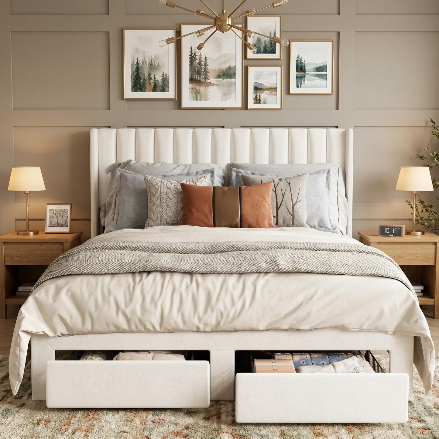 GarveeHome Full Size Bed Frame, Bed Frame Upholstered Platform Bed with Velvet Headboard, Wing Edge Design, 2 Storage Drawers, No Box Spring Needed, Beige