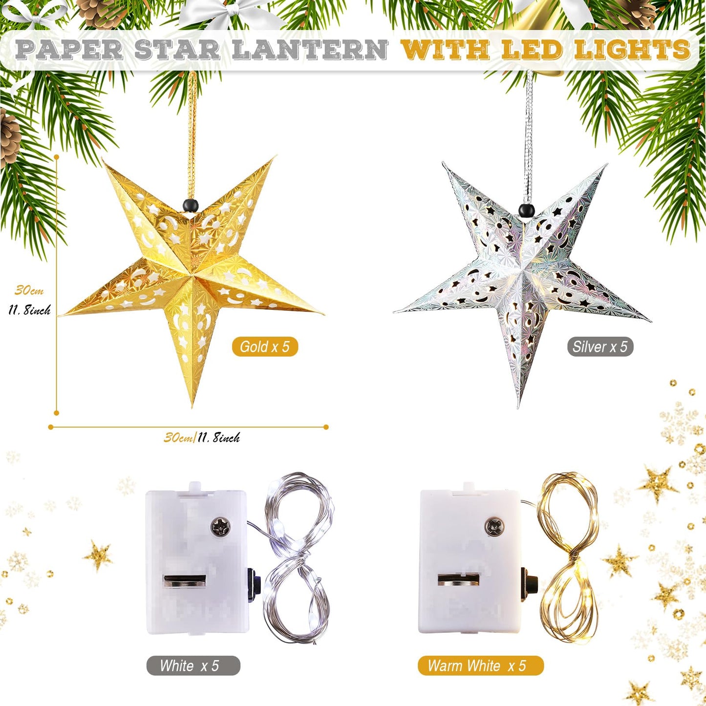 Zhanmai 10 Pcs 3D Paper Star Lanterns with 20 LED Lights, Gold & Silver Hanging Decoration for Christmas and Independence Day
