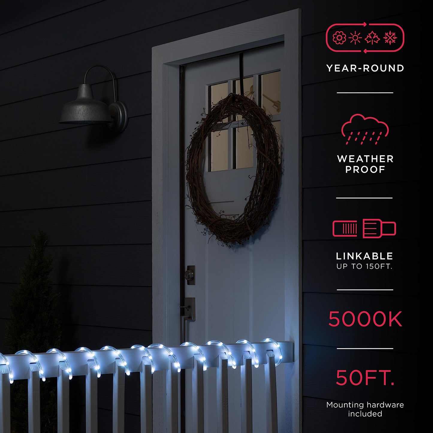 UltraPro LED Rope Lights, 50ft, Cool White 5000K, Indoor/Outdoor, Waterproof, Model 54846