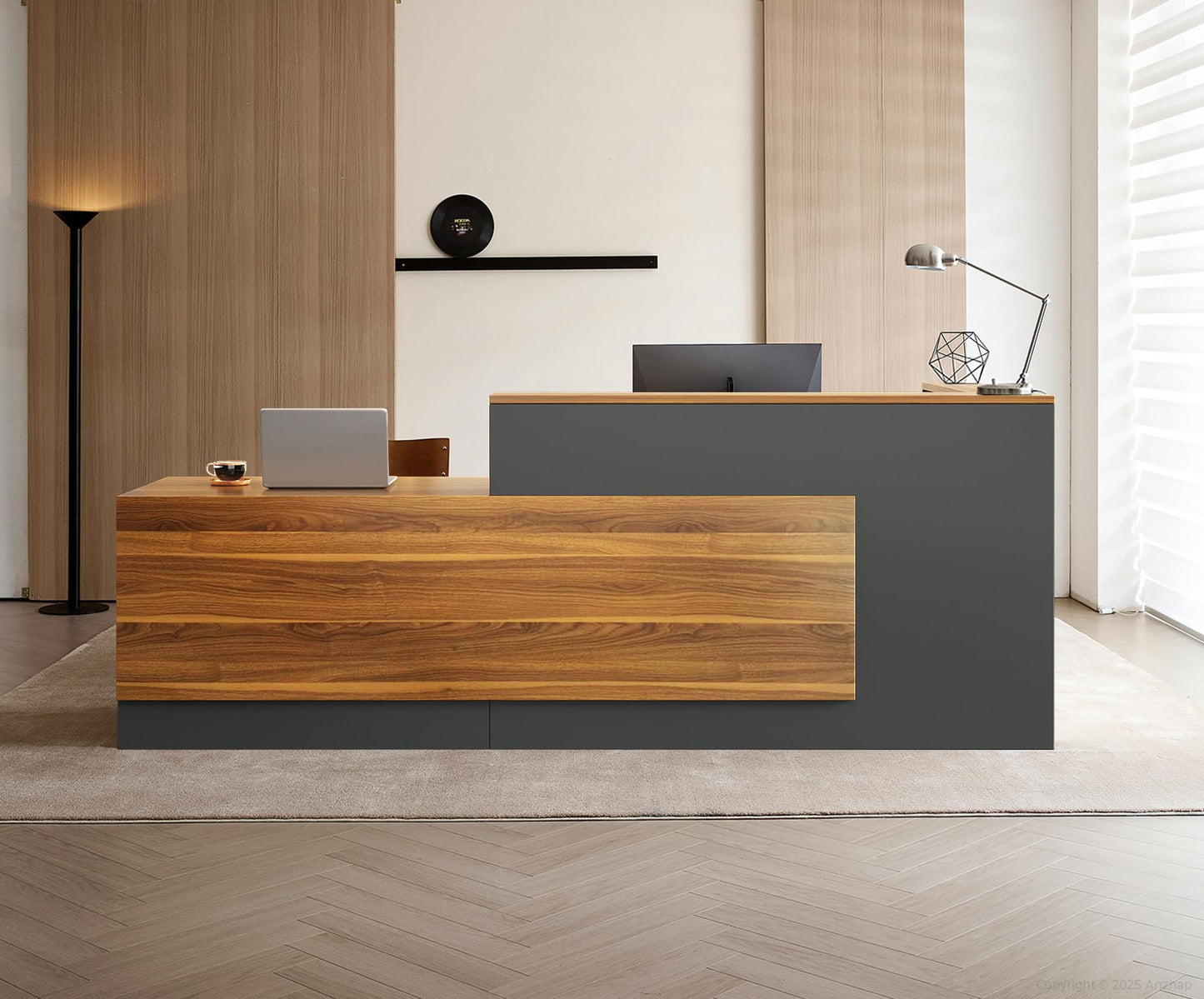 Modern L-Shaped Reception Desk with Counter - 87 inch Front Desk with Storage Cabinet, Open Shelves, Lockable Drawer & Keyboard Tray for Office, Lobby, Checkout (Dark Walnut & Iron Gray - Left)
