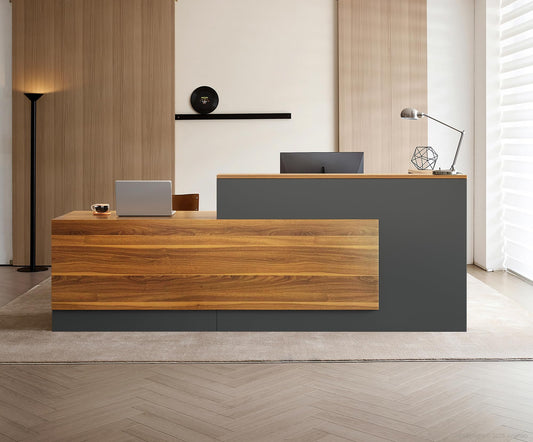 Modern L-Shaped Reception Desk with Counter - 87 inch Front Desk with Storage Cabinet, Open Shelves, Lockable Drawer & Keyboard Tray for Office, Lobby, Checkout (Dark Walnut & Iron Gray - Left)