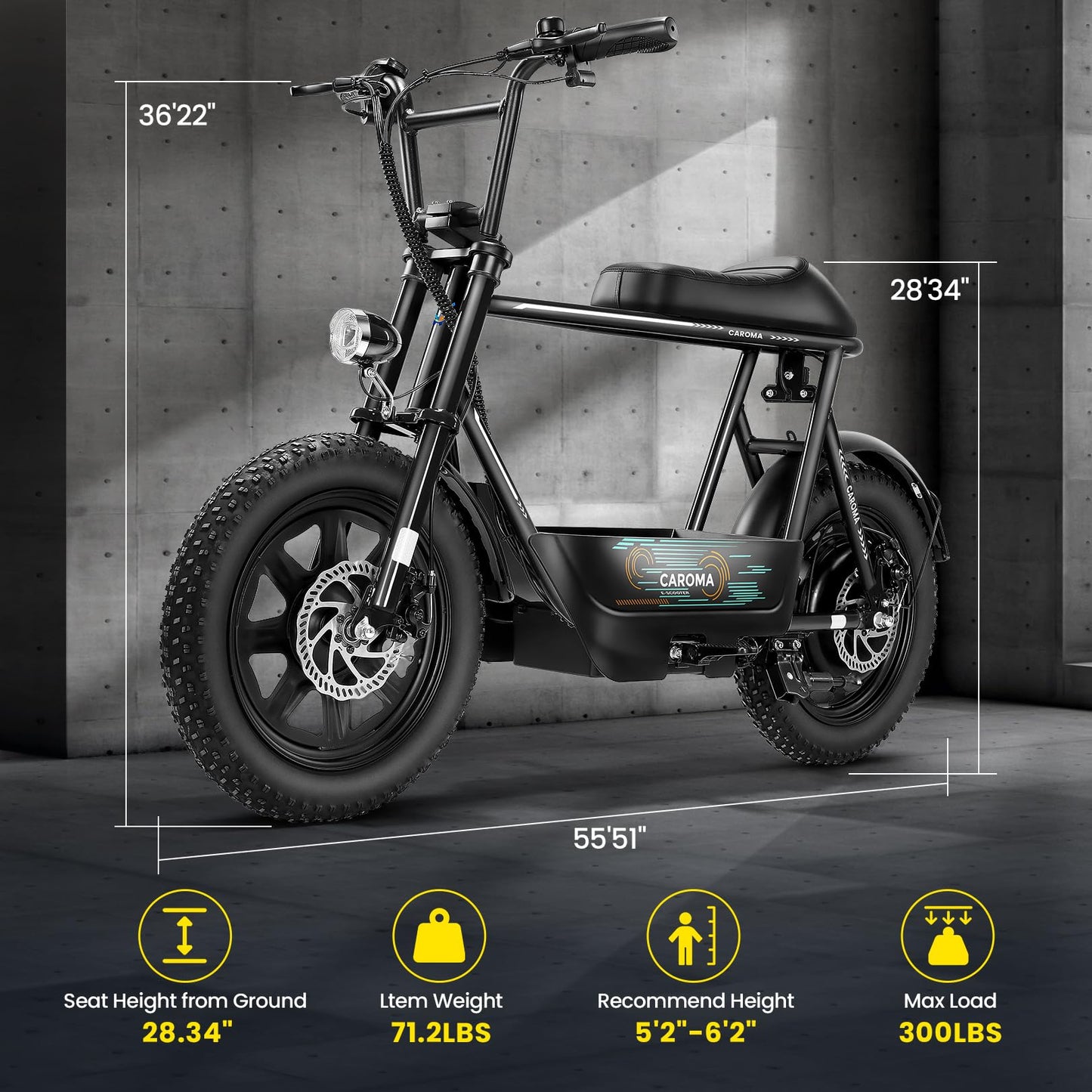Caroma Peak 560W Electric Scooters with Seat for Adults, 16" Fat Tire for All-Terrain, 15Miles Max Range, 20mph Top Speed, Commuter Escooter for Adults&Teens, Motorcycle Style with Carry Basket,Black