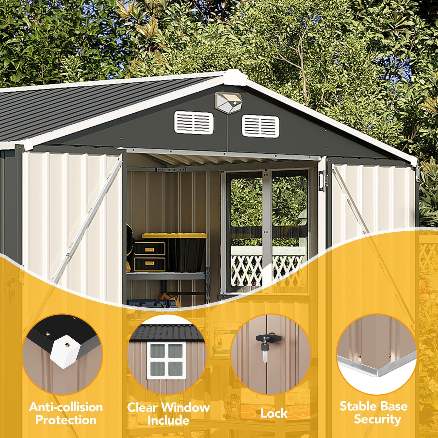 OneBlis 8x6FT Outdoor Storage Shed, Tool Shed with Sloping Roof and Lockable Door, Galvanized Metal Shed for Backyard Garden Patio Lawn, Black