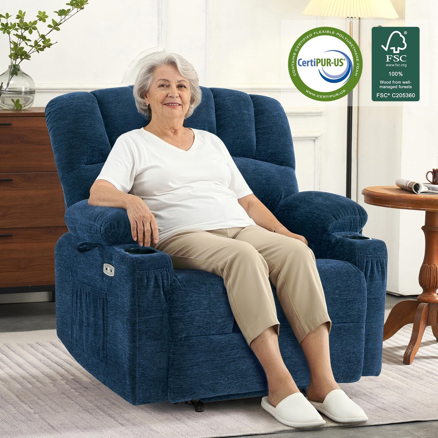 MCombo Power Lift Recliner Chair for Elderly, Lift Chair with Heat and Massage, Extra Wide Lift Recliner for Big People, Fabric R7096 (Medium-Wide, Navy Blue)