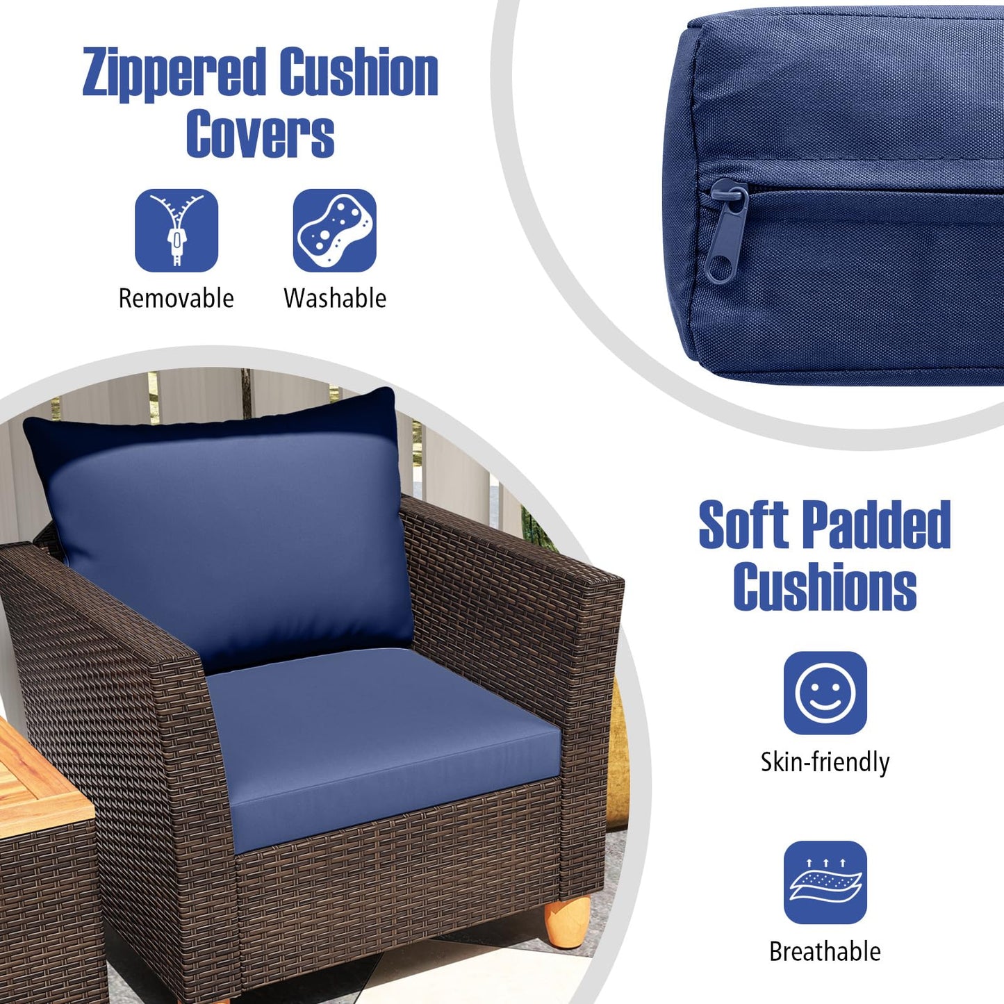 Tangkula 3-Piece Patio Furniture Set, Patiojoy Outdoor PE Wicker Bistro Set with Soft Cushions and Solid Acacia Wood, Outdoor Conversation Set with Porch, Balcony and Garden (Navy)