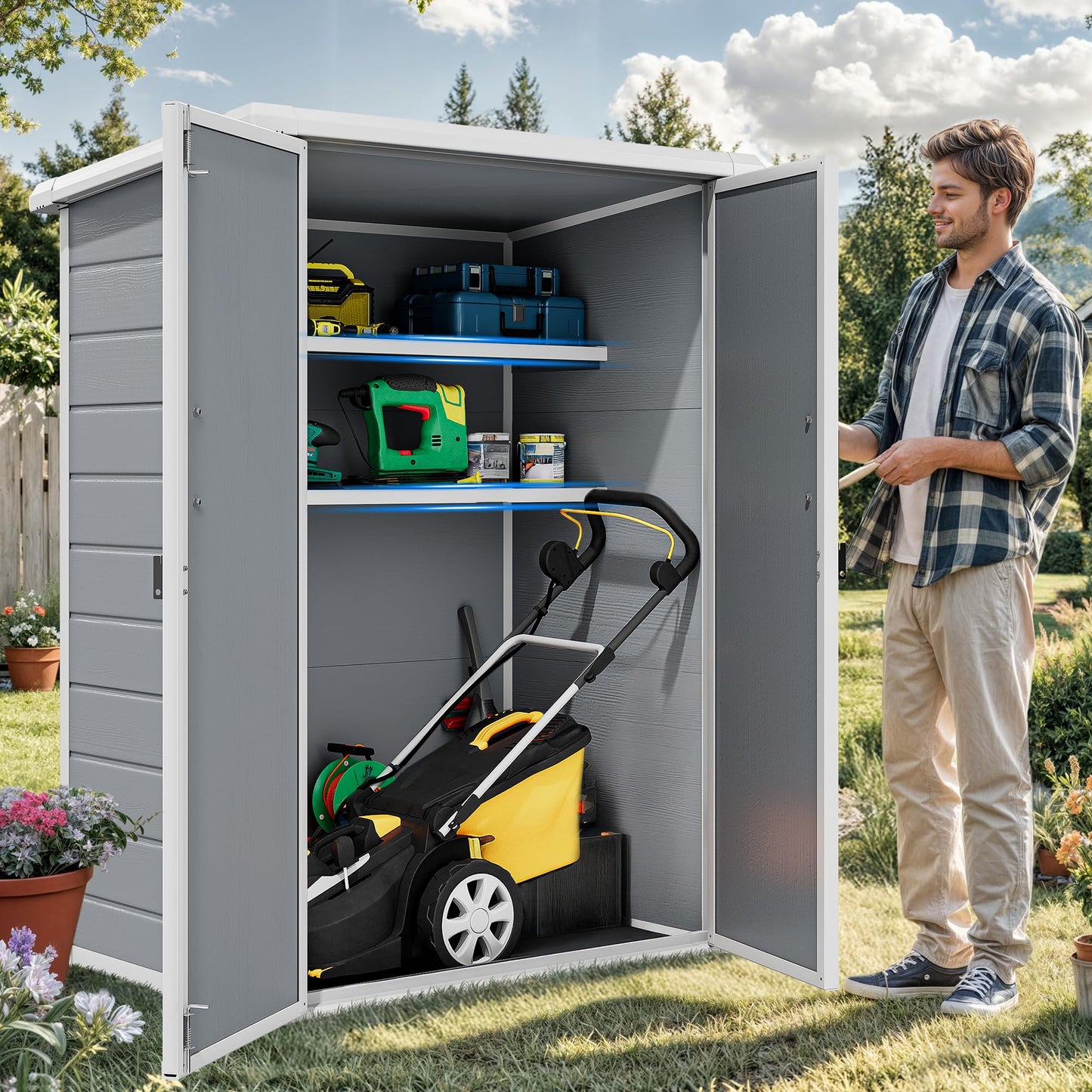 DWVO Outdoor Tall Storage Shed 50 Cuft with 2 Shelves, 4.3x2x5.5ft Vertical Tool Shed with Floor & Lockable Doors, Sturdy Double-Wall Plastic Cabinet for Garbage Cans and Garden Equipment