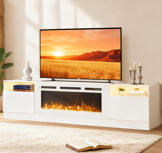 MXV 80" Fireplace TV Stand for TVs Up to 90", LED Light Entertainment Center with 36" Electric Fireplace, Modern Wood Texture TV Media Console with Highlight Storage Cabinet, White-White