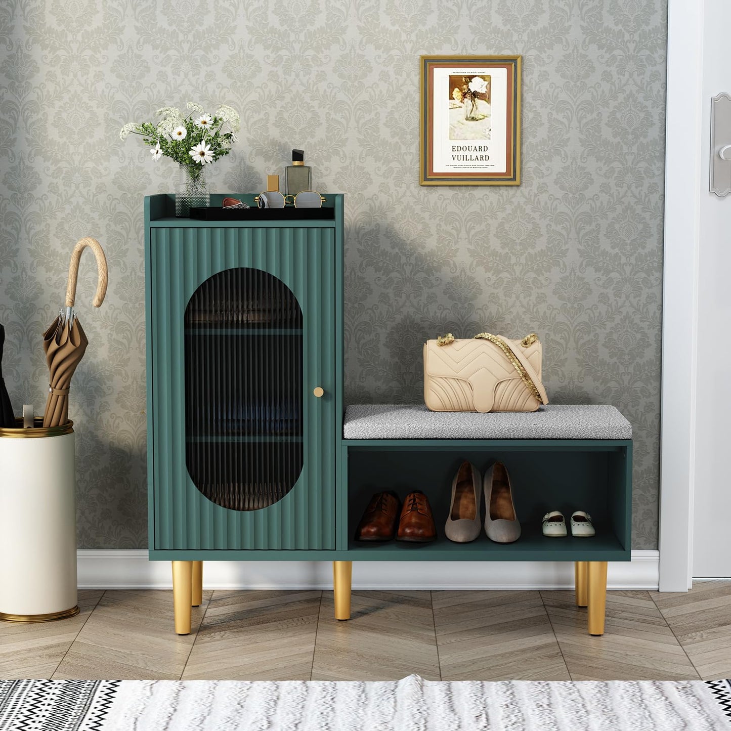 HLR Storage Bench Set of 2, Green Modern Entryway Shoe Cabinet Bench with Glass Door&Shelf, L-Shaped Storage Cabinet with Padded Seat for Hallway, Bedroom, Living Room, Office