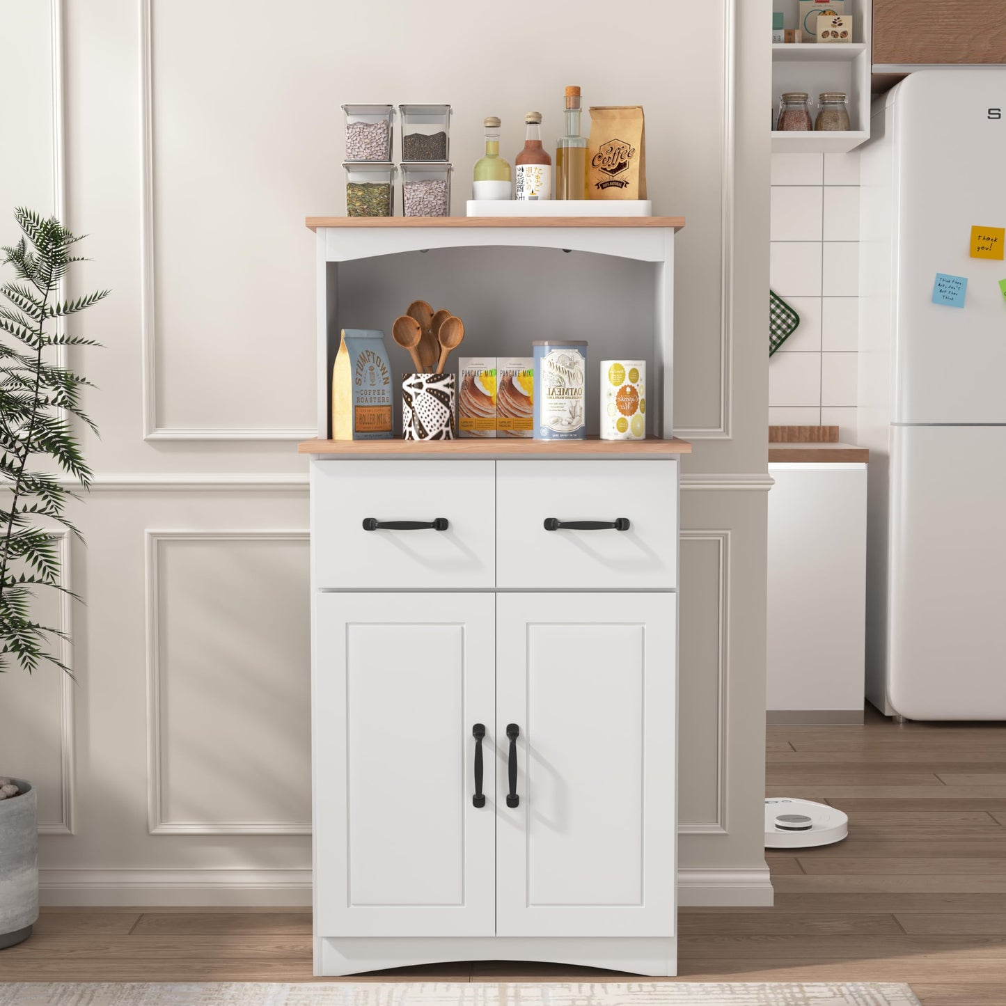 GDFStudio Wooden Kitchen Pantry Cabinet with Microwave Stand & Storage Drawer, Modern MDF Storage Cabinet with Adjustable Shelf, 2 Doors, Rectangle Home Organization Cupboard, White