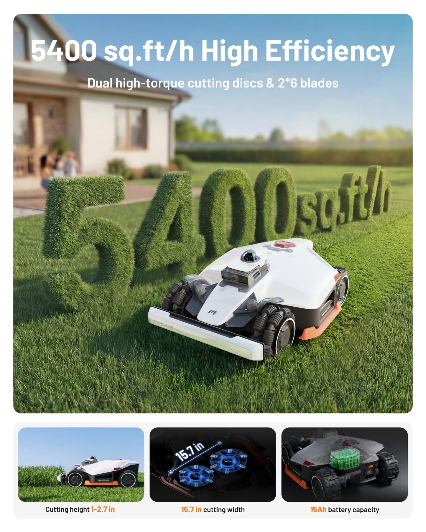 Mammotion LUBA 3 AWD 5000 Robot Lawn Mower with Garage (Ship Separately), 1.25 Acres, 360° LiDAR+NetRTK+AI Vision, All-Wheel-Drive for 80% Slopes, 50 Multi-Zone Management, Cutting Height 1.0"-2.7"