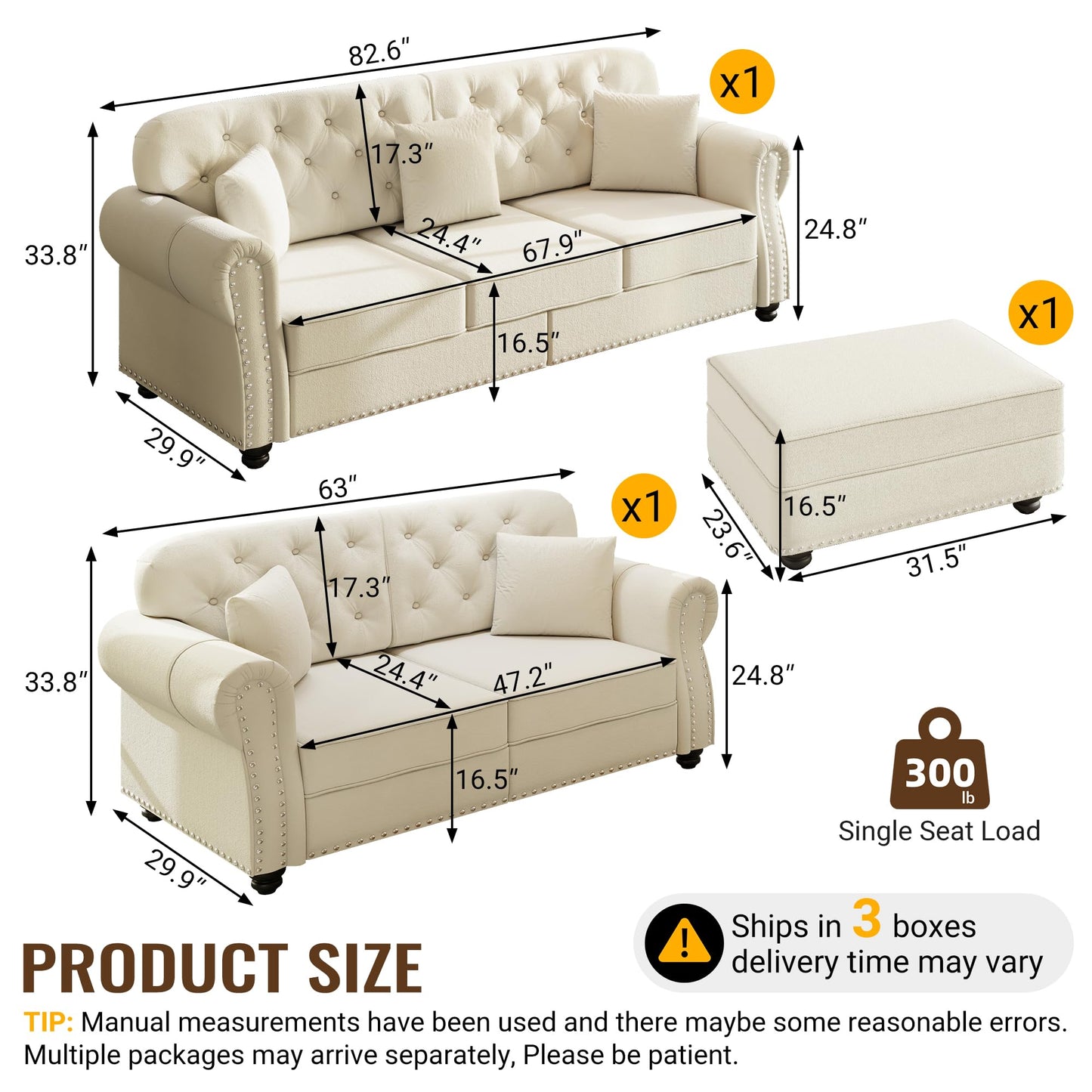KEIKI 2-Piece Chesterfield Sofa Set with 1 Velvet 3-Seater Sofa & 1 Loveseat Sofa, Upholstered 5-Seater Couch Set with Nailhead Trim & Rolled Arms & 1 Ottoman & 5 Pillow, for Living Room, White