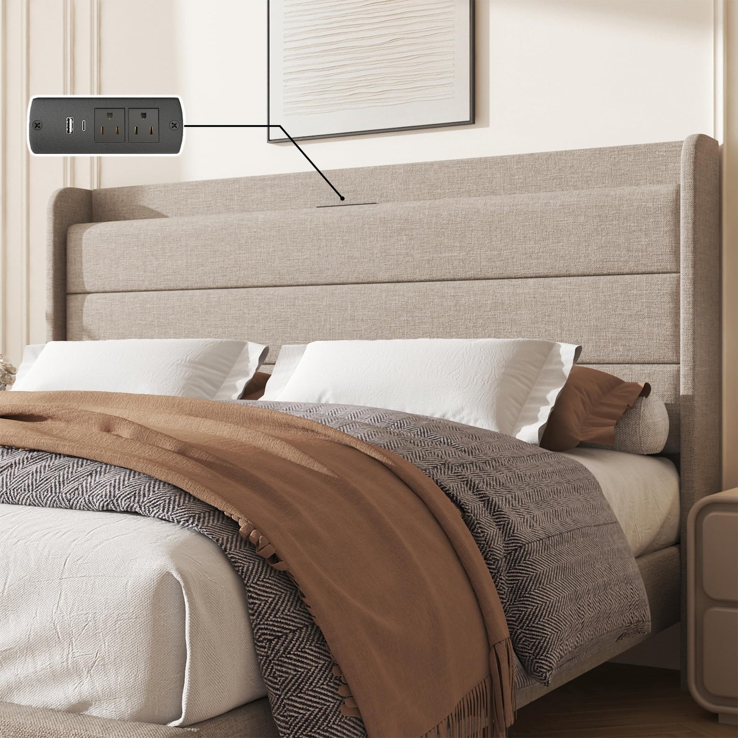 Lcwtvgxr King Size Linen Multifunctional Bed Frame, Wingback Headboard with Charging Station & Storage Shelf, Upholstered Platform Bed, Noise Free, No Box Spring Needed, Easy Assembly, Beige