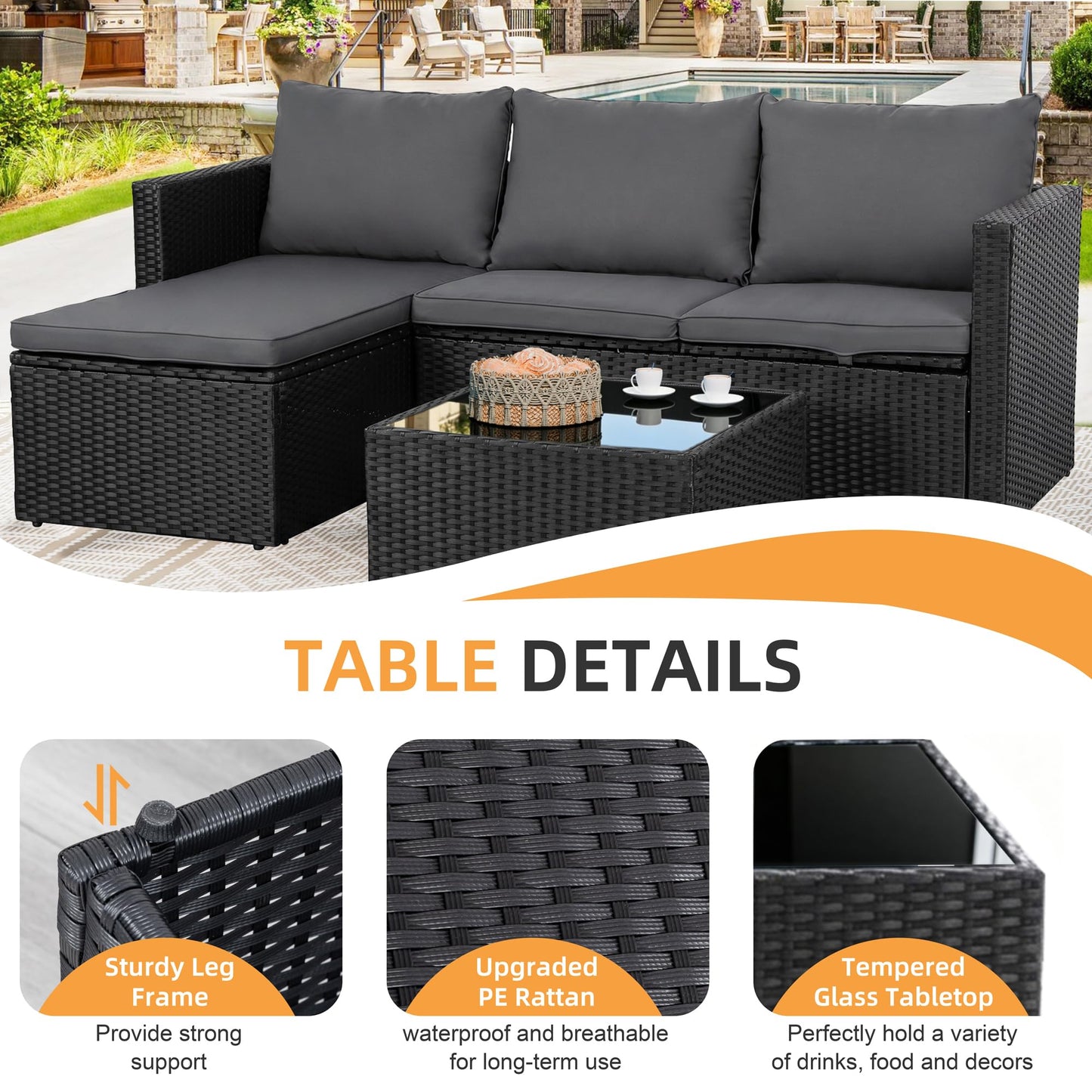 Shintenchi 4 Pieces Patio Furniture Set, Outddor Sectional Sofa & Chaise Lounge, All-Weather Wicker Rattan Sofa Couch with Cushions & Coffee Table for Yard, Garden, Porch, Poolside (Gray)