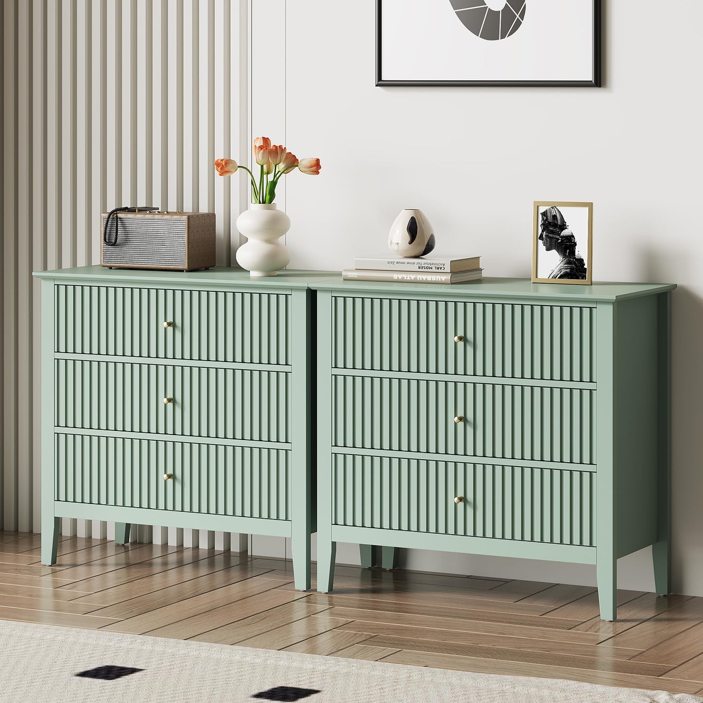 May in Color Sage Green Large 3-Section Set of 2, Painted 30 Inch Tall Wood Nightstand with Storage, Wide Modern Cabinet with Ball Bearing Slide for Hallway Living Room Entryway