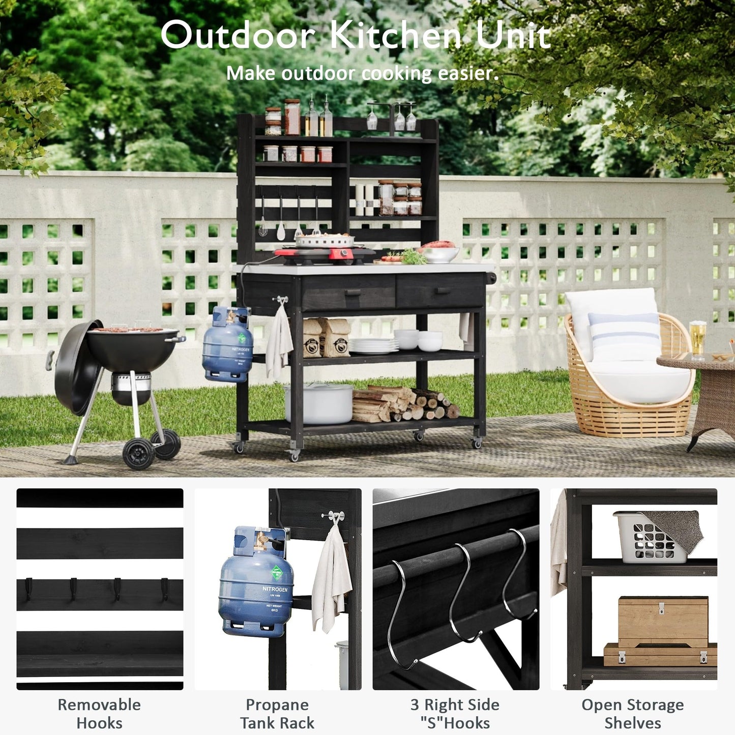 Merax 64.9" H Outdoor Potting Bench Table with Lockable Wheels, Solid Wood Outdoor Kitchen Island with Upper Hutch, Stainless Steel Top, Towel Rack, Outdoor Storage for Grilling, Lawn Garden, Black