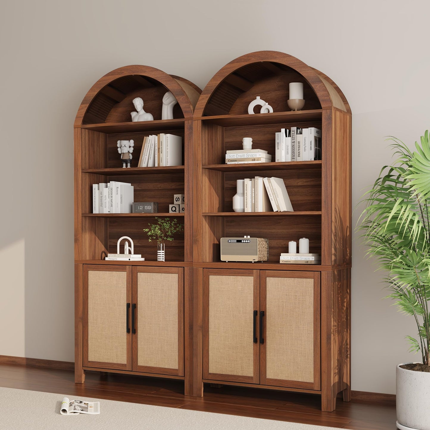 Janmer Home 71" Tall Arched Bookcase with Storage, Mid-Century Modern 6-Tier Cabinet with Door, Arched Bookshelf Cabinet with Open Display Storage Shelf for Office Living Room (Walnut)